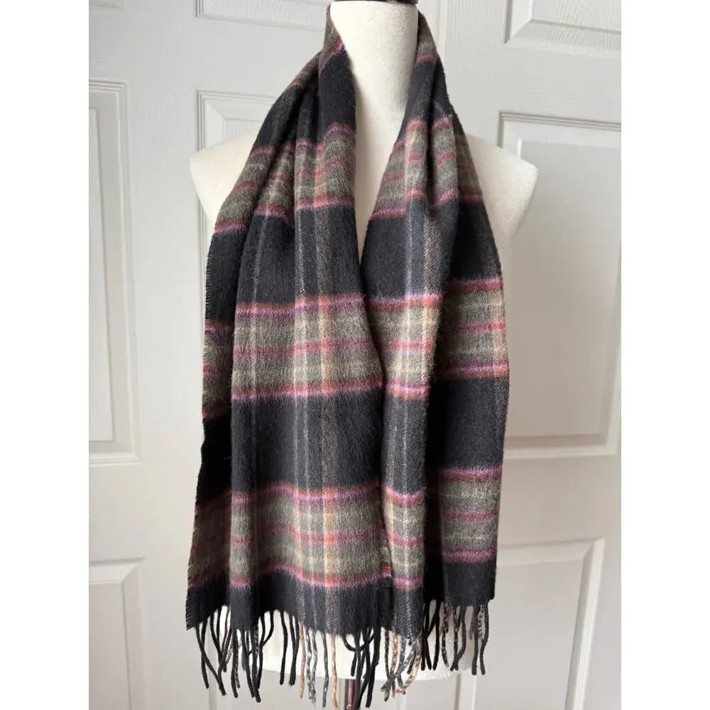 100% Cashmere Black & Pink Plaid Scarf Made in Germany Quiet Luxury Cozy‎
